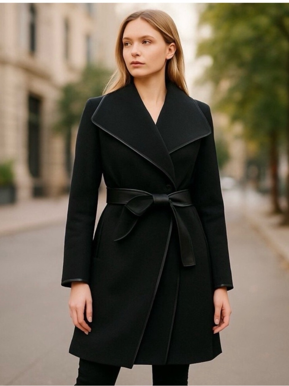 DKNY Black Wool Blend Wrap Cape Coat with Leather Piping and Belt. SZ. M